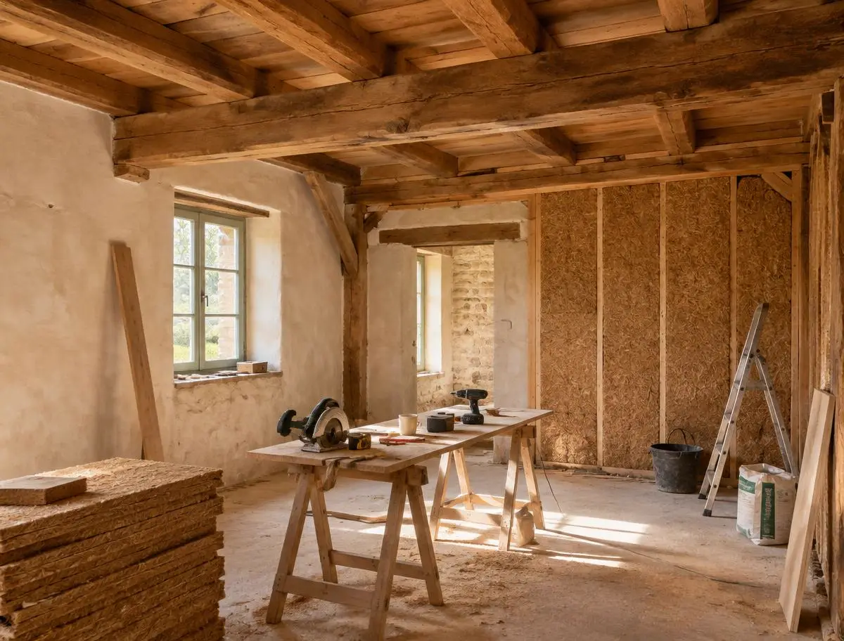 Chantier de rénovation d'une maison ancienne : poutres en chêne et isolant en fibre de bois